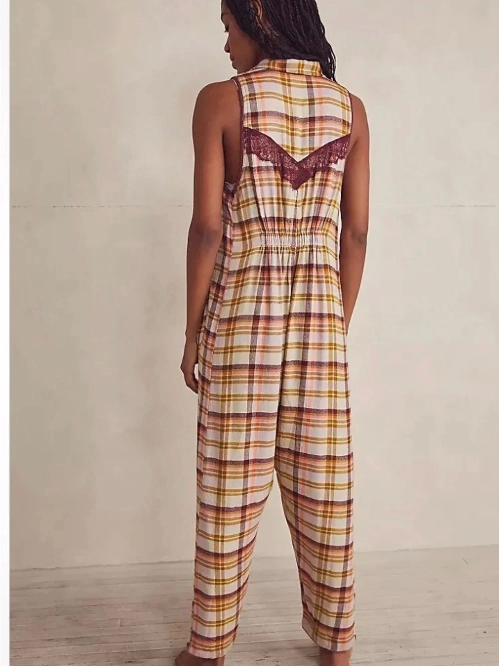 Free People Plaid Sleeveless oversized Jumpsuit in Cream, Pink & Tan - Picture 2 of 13